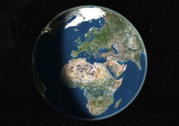 Globo centrado en Europa y África, imagen satelital en color verdadero